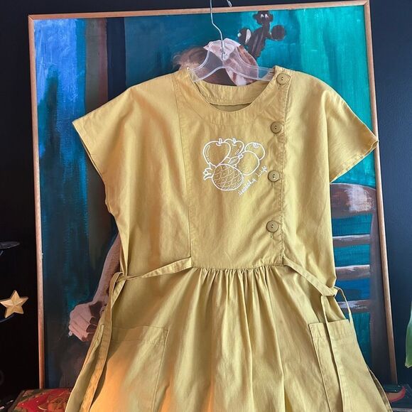 Vintage Boho Prairie Yellow Mustard Midi Dress with Fruit Healthy Life Logo M - Picture 10 of 16